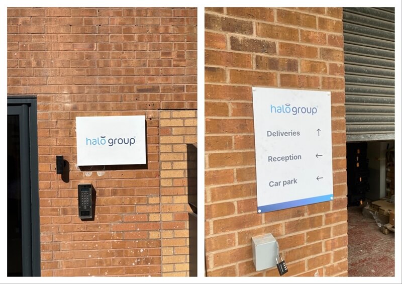 A photo collage of the Halo Health outdoor tray signage and directional wayfinding signage.